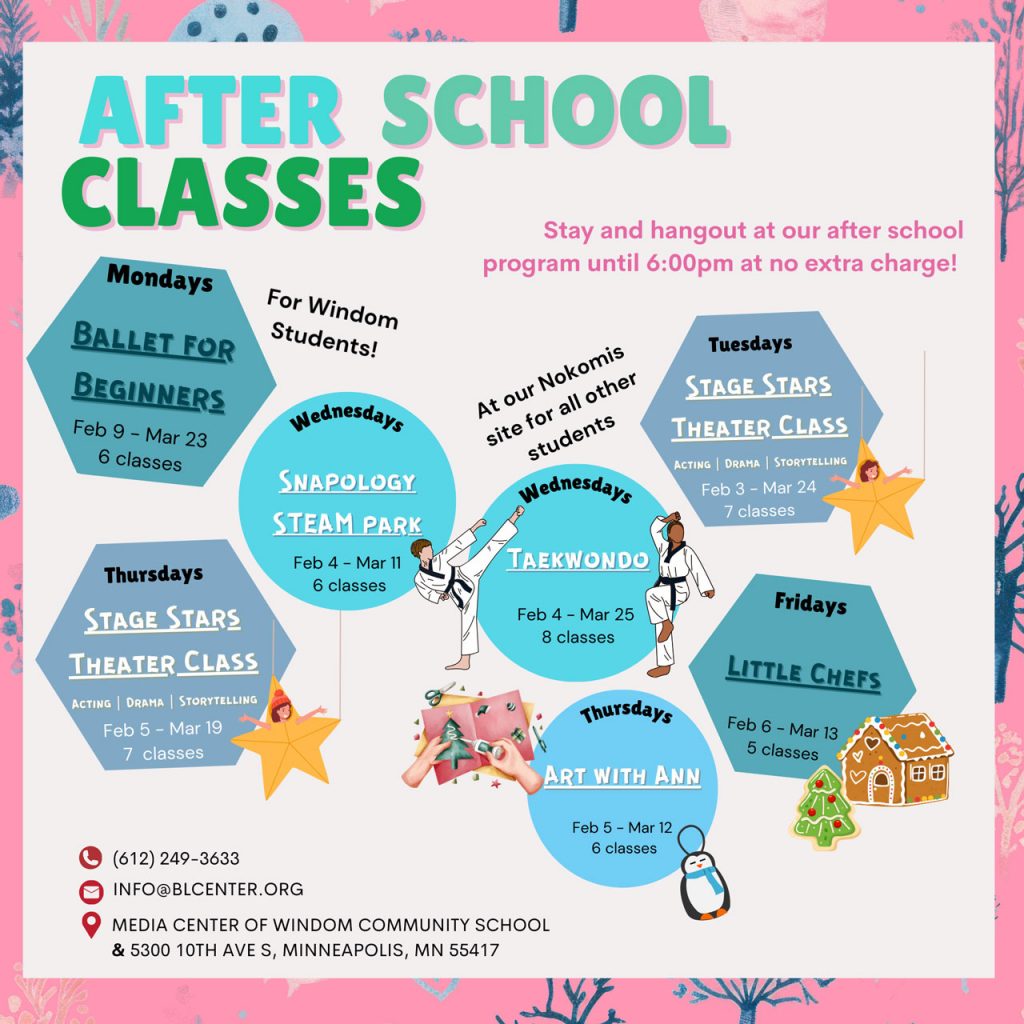 Winter Enrichment After School classes of Theater, Taekwondo, Art and Cooking for elementary students in Minneapolis Nokomis Area. Theater, Ballet and Snapology STEAM for Windom Students.